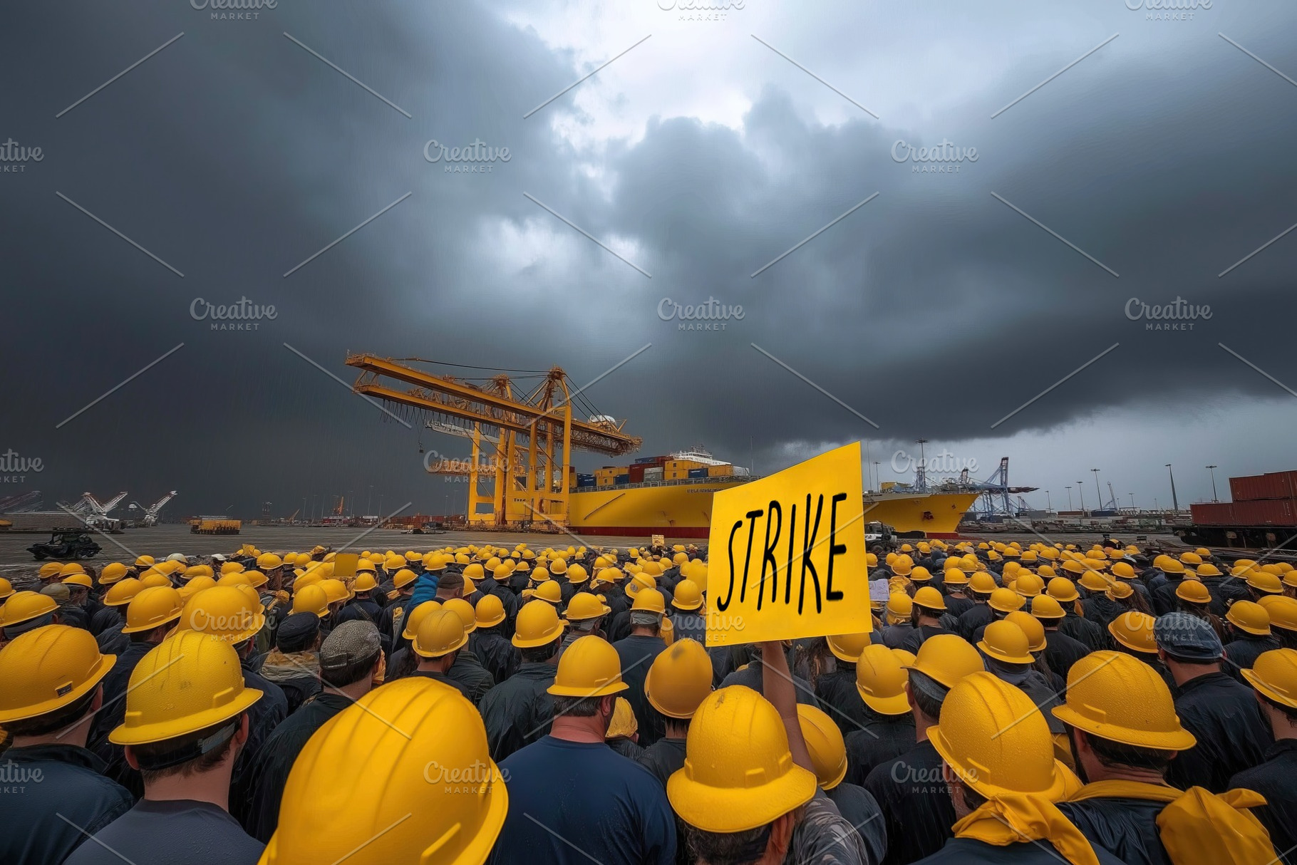 Longshoremen strike at busy dock in cloudy weather, a Transportation Photo by OSORIOartist