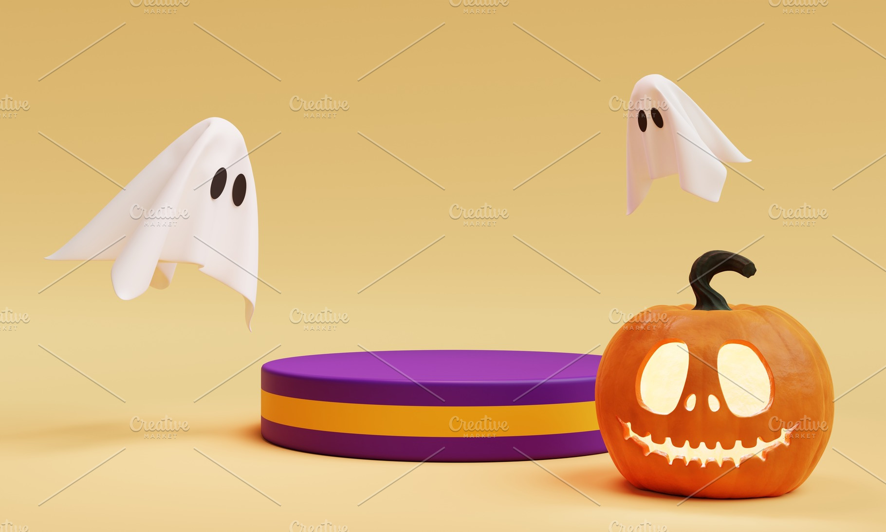 Halloween Jack O Lantern one stage podium for product presentation background., a Holiday Photo by Ministocker