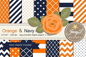 Orange and Navy Digital Papers, a Pattern Graphic by JennyL Designs