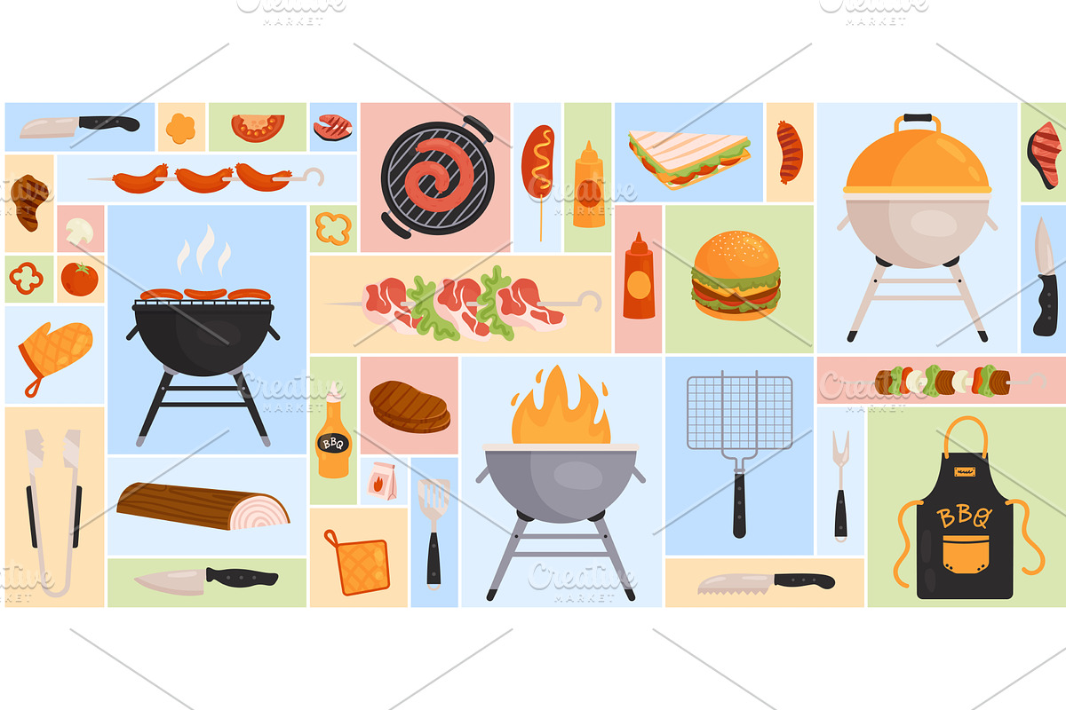 BBQ set square collage vector, a Food Illustration by Flashvector