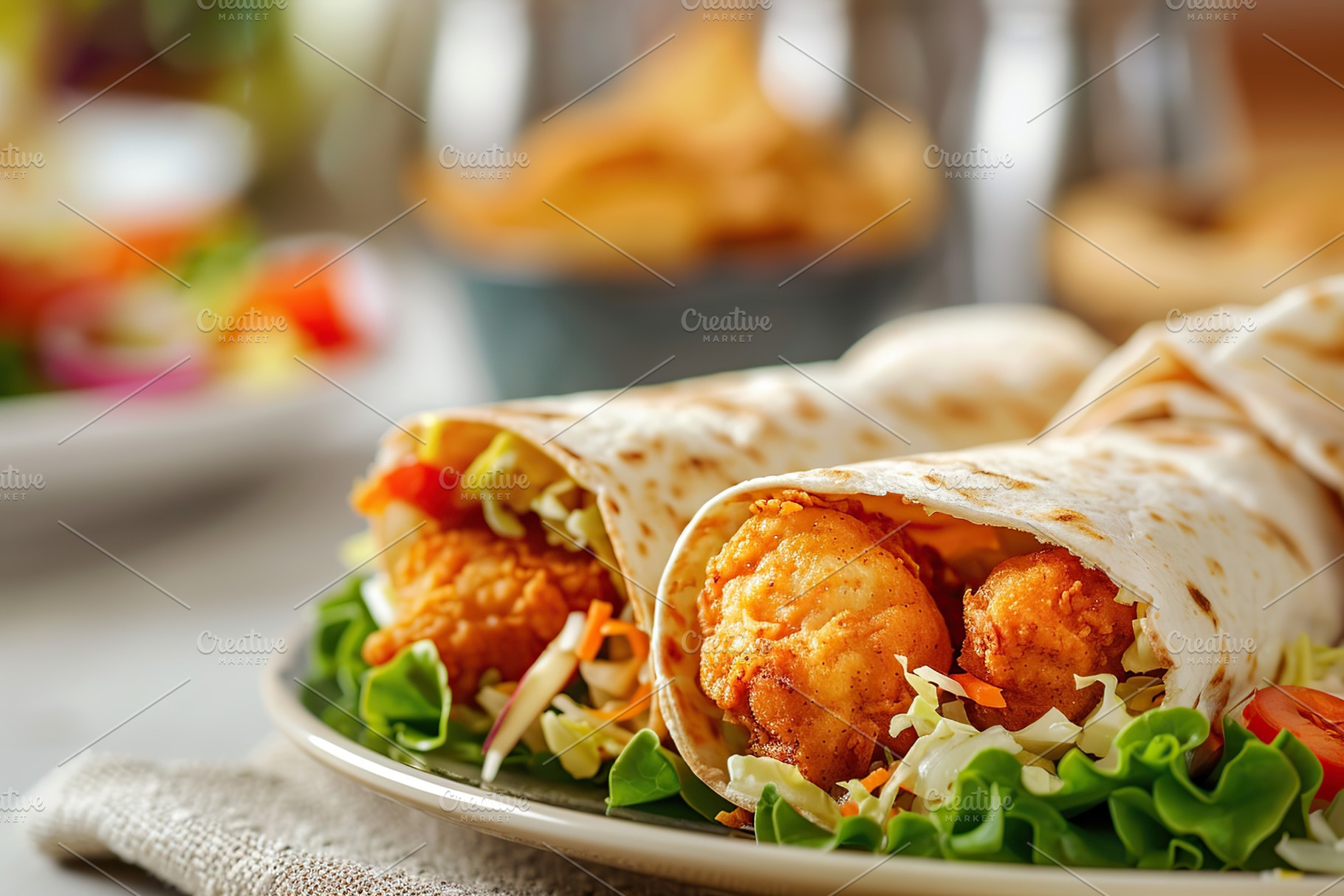 Tortilla wrap with chicken and fresh vegetables in plate on blurred background, a Food & Drink Photo by AlyaAnd