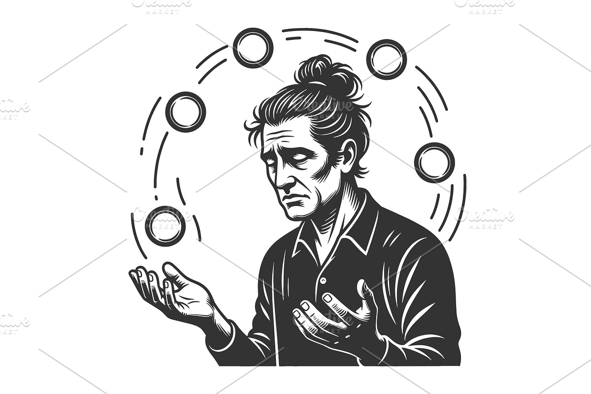 Sad Man Juggling Thoughts Mental, a Person Illustration by AlexArt