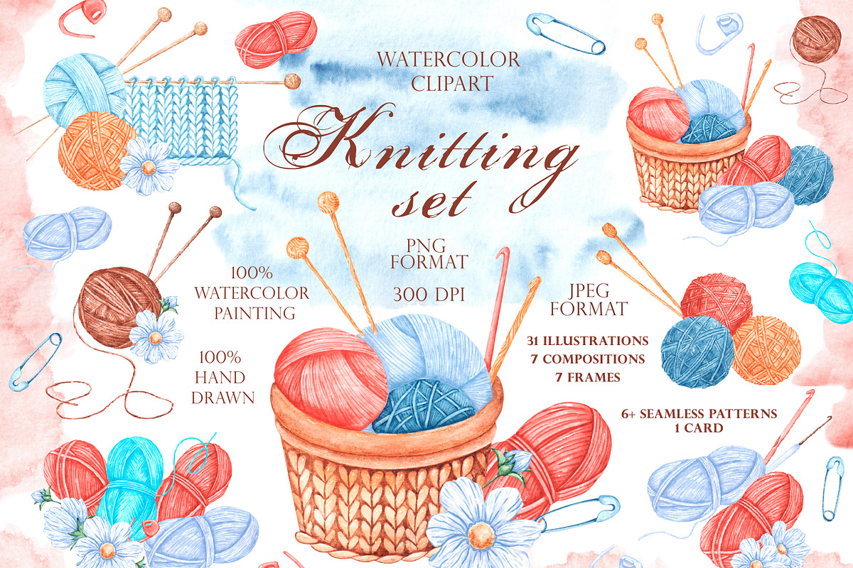 Knitting watercolor set. Crochet., an Illustration by SabinaWatercolorArt (Photo 1 of 16)