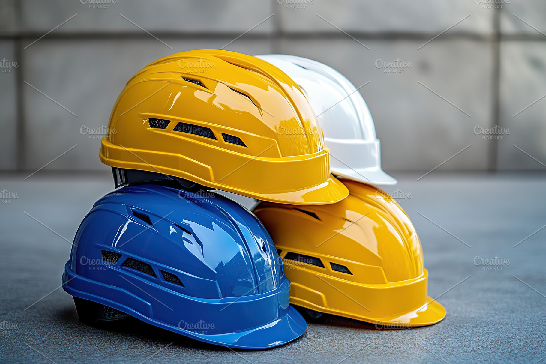 Yellow, white, and blue safety helmets are neatly stacked on a smooth surface,, an Industrial Photo by AlyaAnd