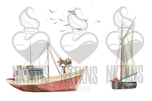 Watercolor Boats Sea Ocean Clipart