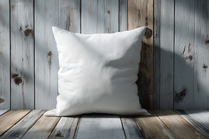 White pillow on rustic wooden floor, a Photo by Pixeness Studio