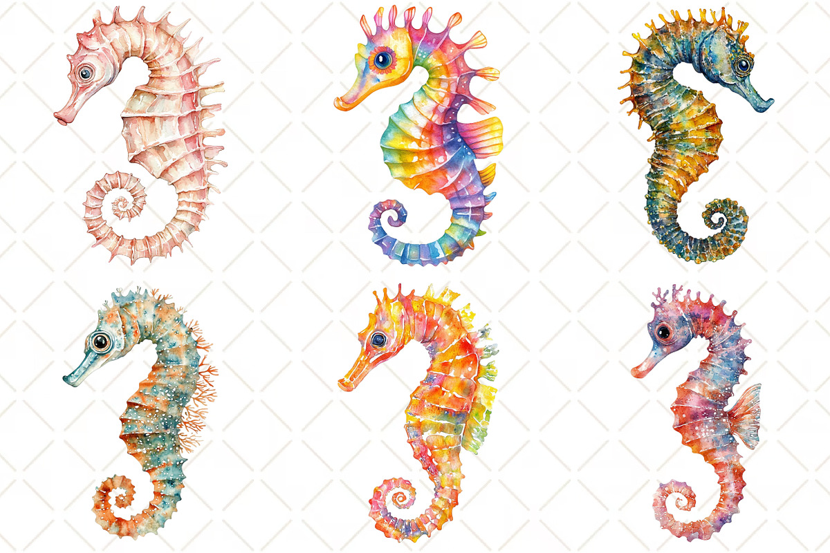 Watercolor Summer Seahorse Clipart, an Illustration by Black Bird Studio (Photo 2 of 5)