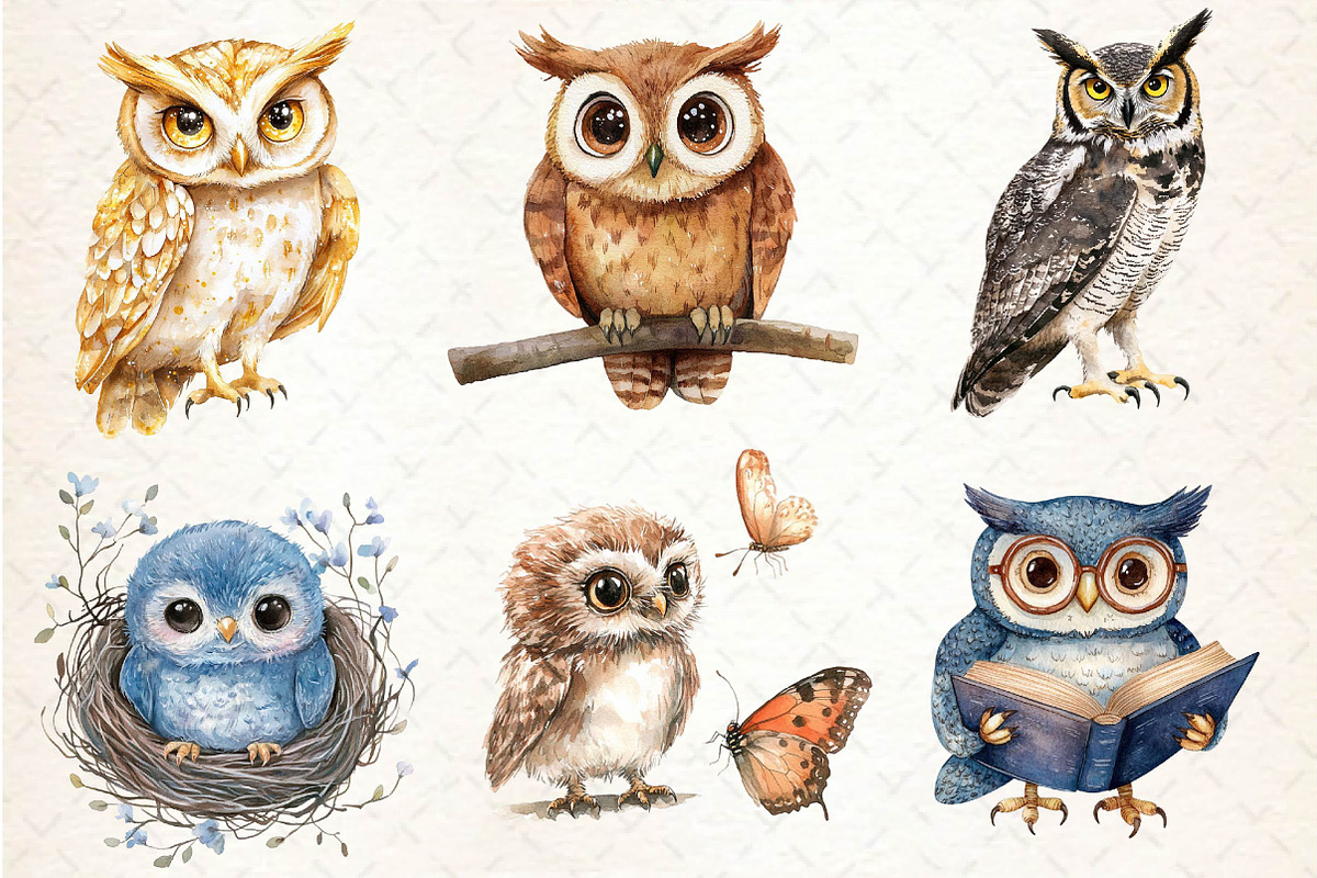 Watercolor Owl & Owlet Clipart, an Illustration by Dream Creation (Photo 2 of 5)