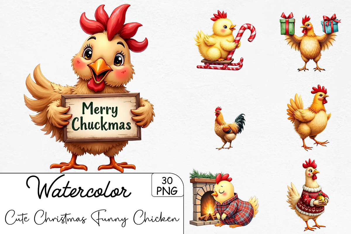 Cute Christmas Funny Chicken Clipart, an Illustration by CrexoraLab (Photo 1 of 5)