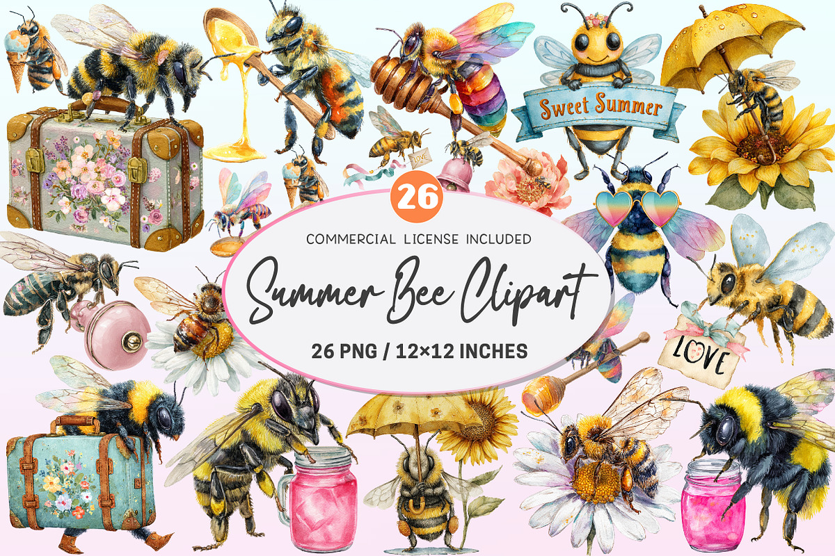 Watercolor Summer Bee Clipart, a Graphic by CitraGraphics (Photo 1 of 4)