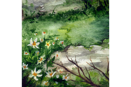 Forest flower glade watercolor art