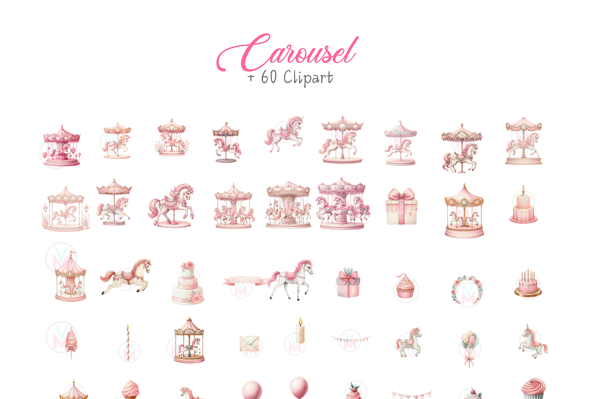 Pink Pony and Carousel Horse PNG, a Decorative Illustration by VM PARTYS  BY TAIRUMA (Photo 2 of 10)