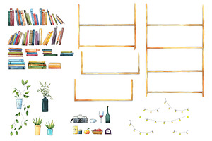 Watercolor Bookshelf With Books Set