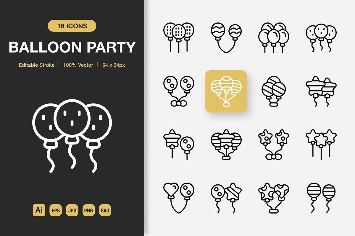 Balloon Party Icons, an Outline Icon by Spacepixel Creative