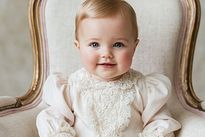 Happy baby girl sitting in vintage armchair, celebrating innocen, a Person Photo by Studio ANNA