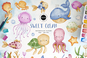 Sea Animals Watercolor Clipart