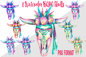 BOHO Cow Skull Watercolor Set PNGs