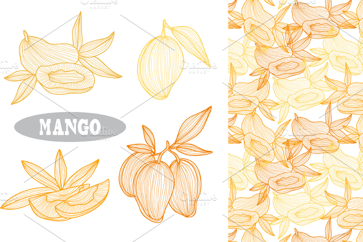 Hand Drawn Mangoes and Patterns, a Food Illustration by Sunset&Sea Design