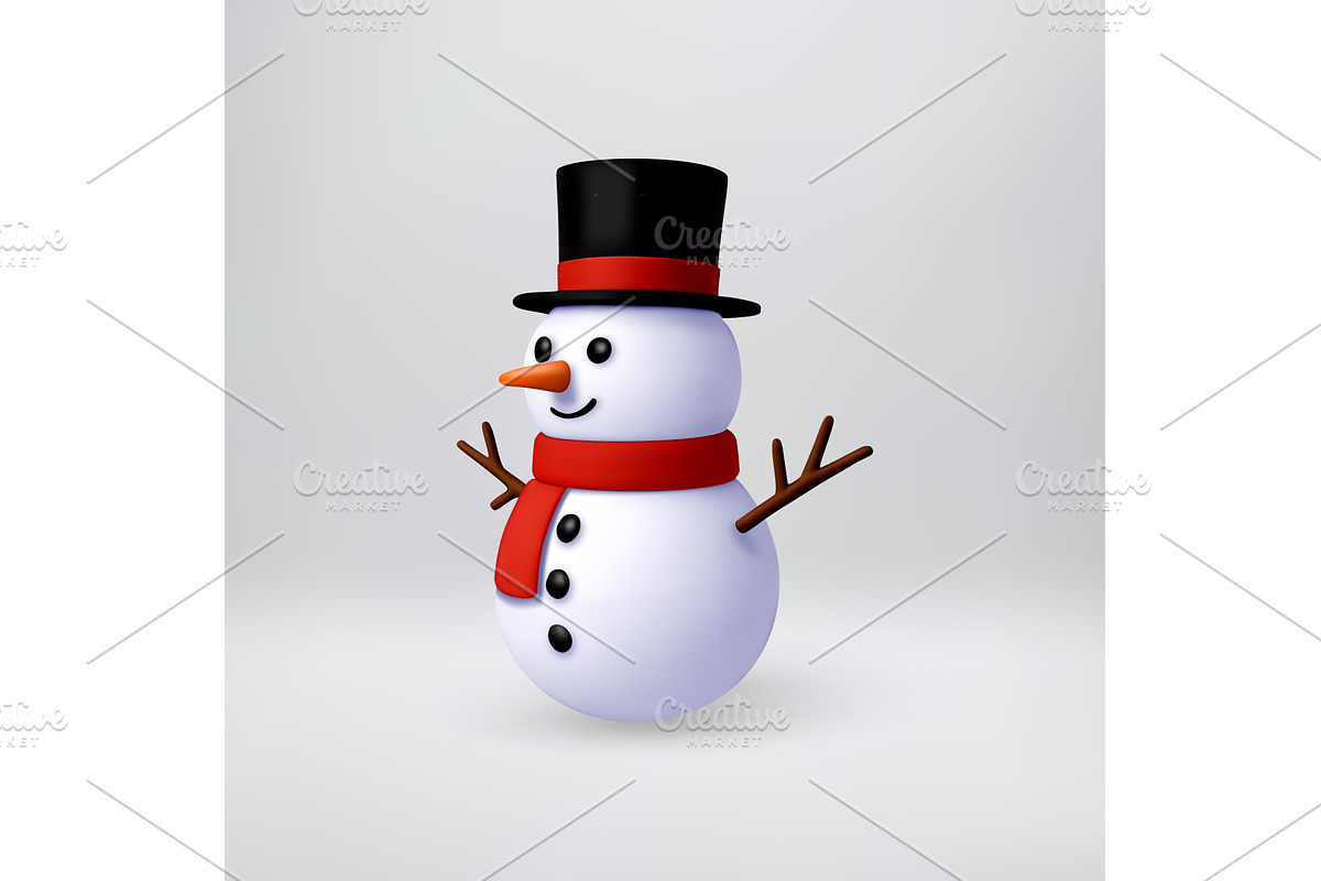 3d cartoon snowman wearing black hat, an Object Illustration by Abscent