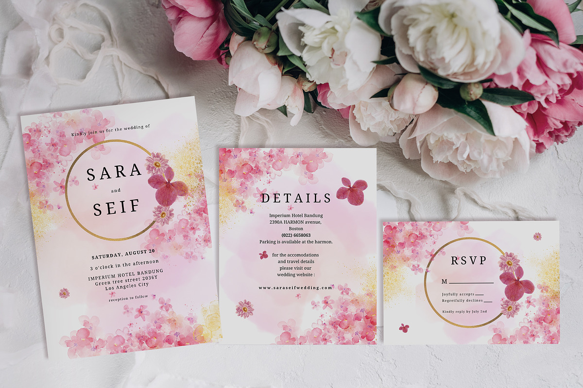 Pink Flowers Wedding Invitation Set, an Invitation Template by Aarley Kaiven (Photo 2 of 6)