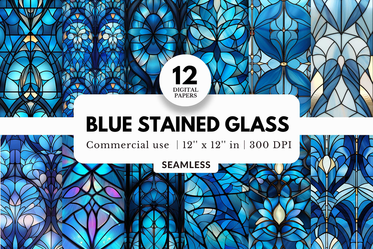12 Blue Stained Glass Digital Papers, a Pattern Graphic by NorthWindPixels (Photo 1 of 4)
