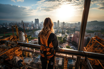 Female construction worker looking at the city from a high-rise, an Architecture Photo by AS photostudio