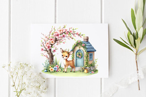 Watercolor Cute Spring Deer PNG