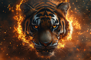 Fierce tiger emerges from flames in, a Photo by Tanuart