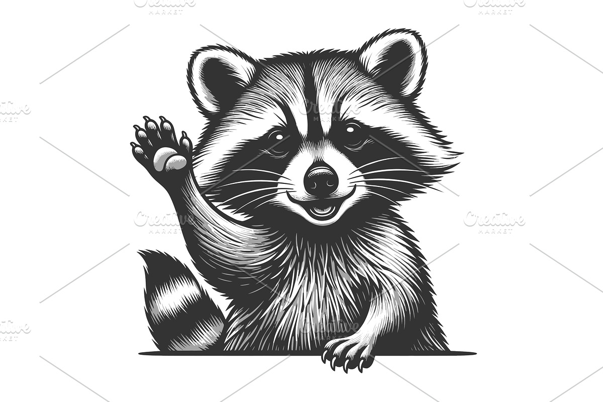 Cute Raccoon Waving Hand Cartoon, an Animal Illustration by AlexArt