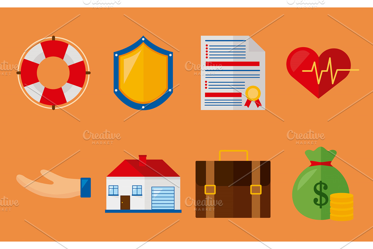 eight insurance services icons, an Object Illustration by studiogstock