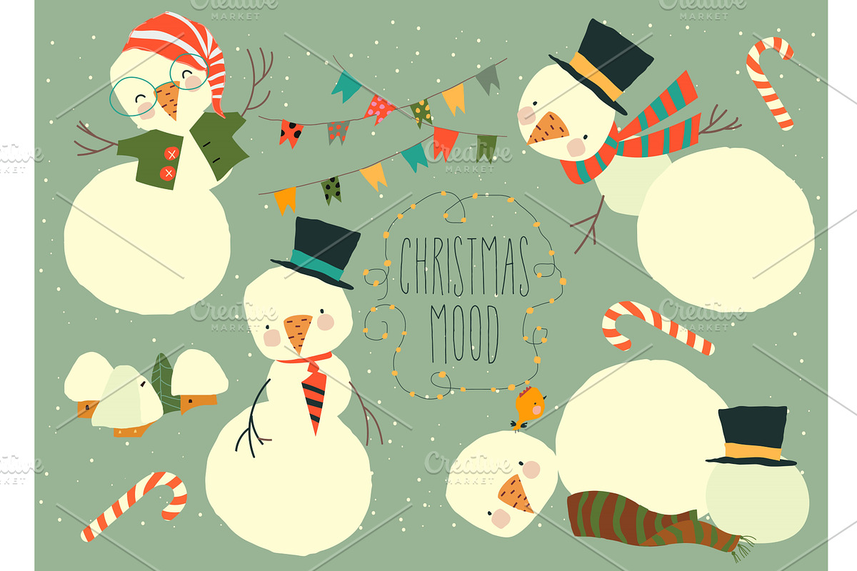 Cartoon Set With Cute Snowmen and, an Object Illustration by Maria Starus