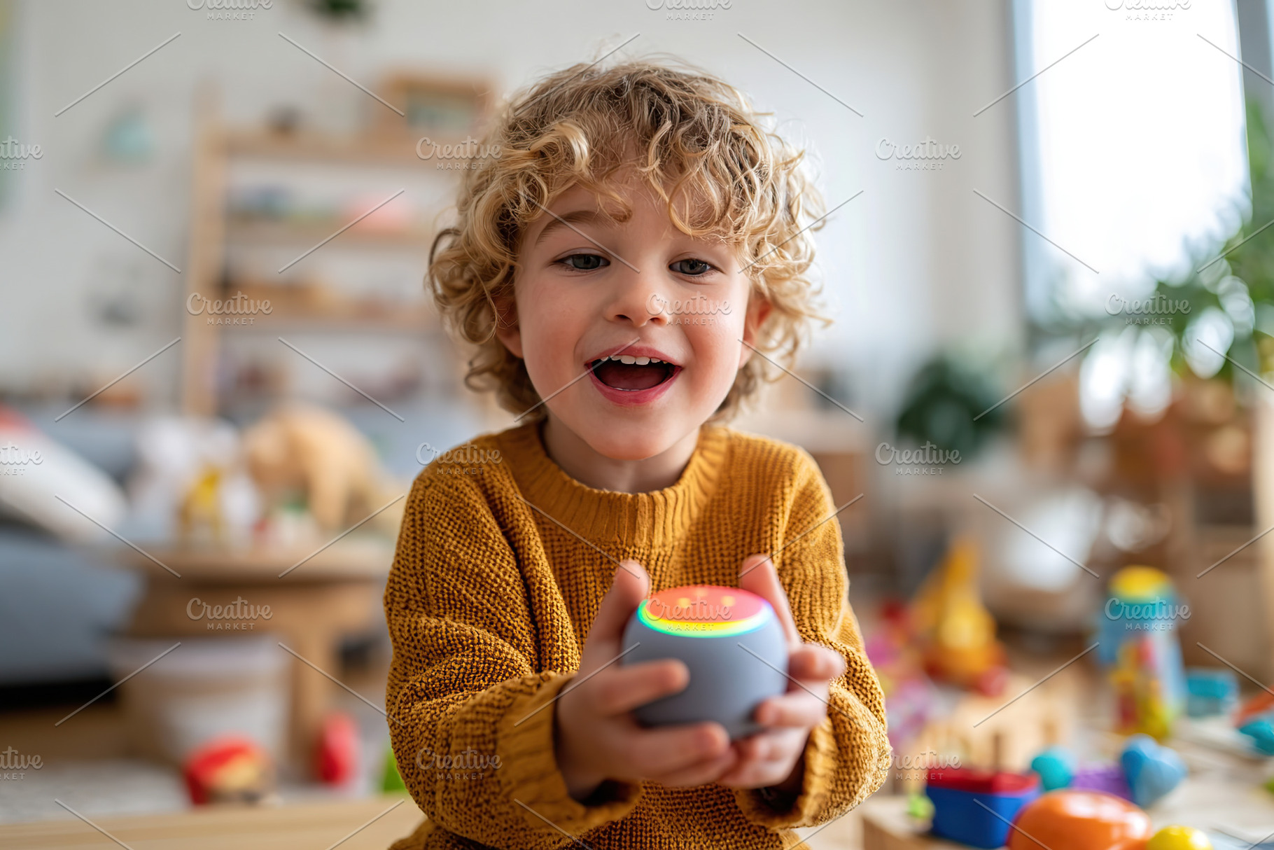 Child using voice assistant to play music while surrounded by toys in a cozy li, a Person Photo by AlyaAnd