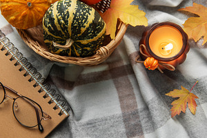 Autumn composition creating a cozy fall reading atmosphere, a Holiday Photo by Olena Rudo