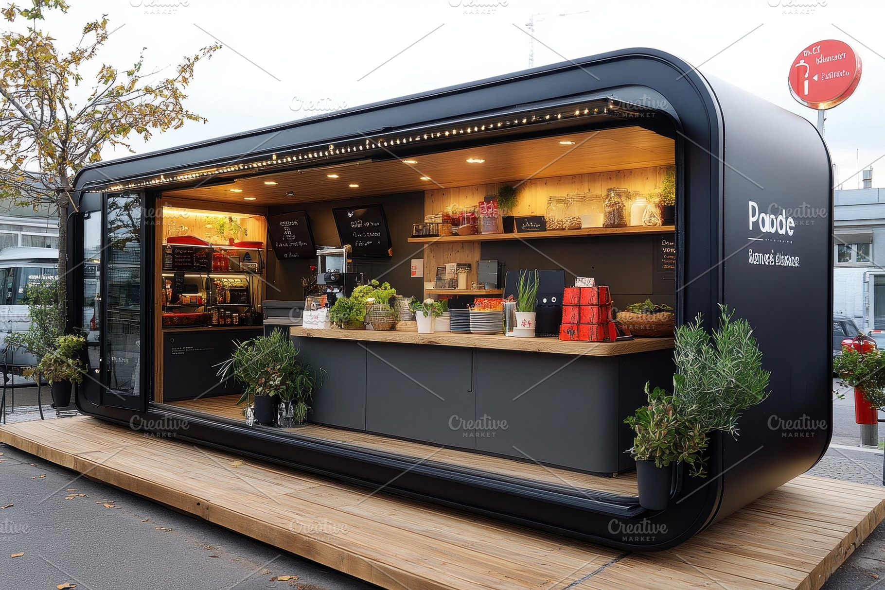 Unique modern food kiosk with fresh, a Photo by Tanuart