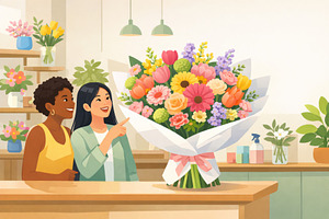 Women admiring large dopamine bouquet of colorful flowers in bri, a Photo by Dvoevnore photos