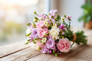 Pastel bouquet on wooden table, a Nature Photo by AlyaAnd