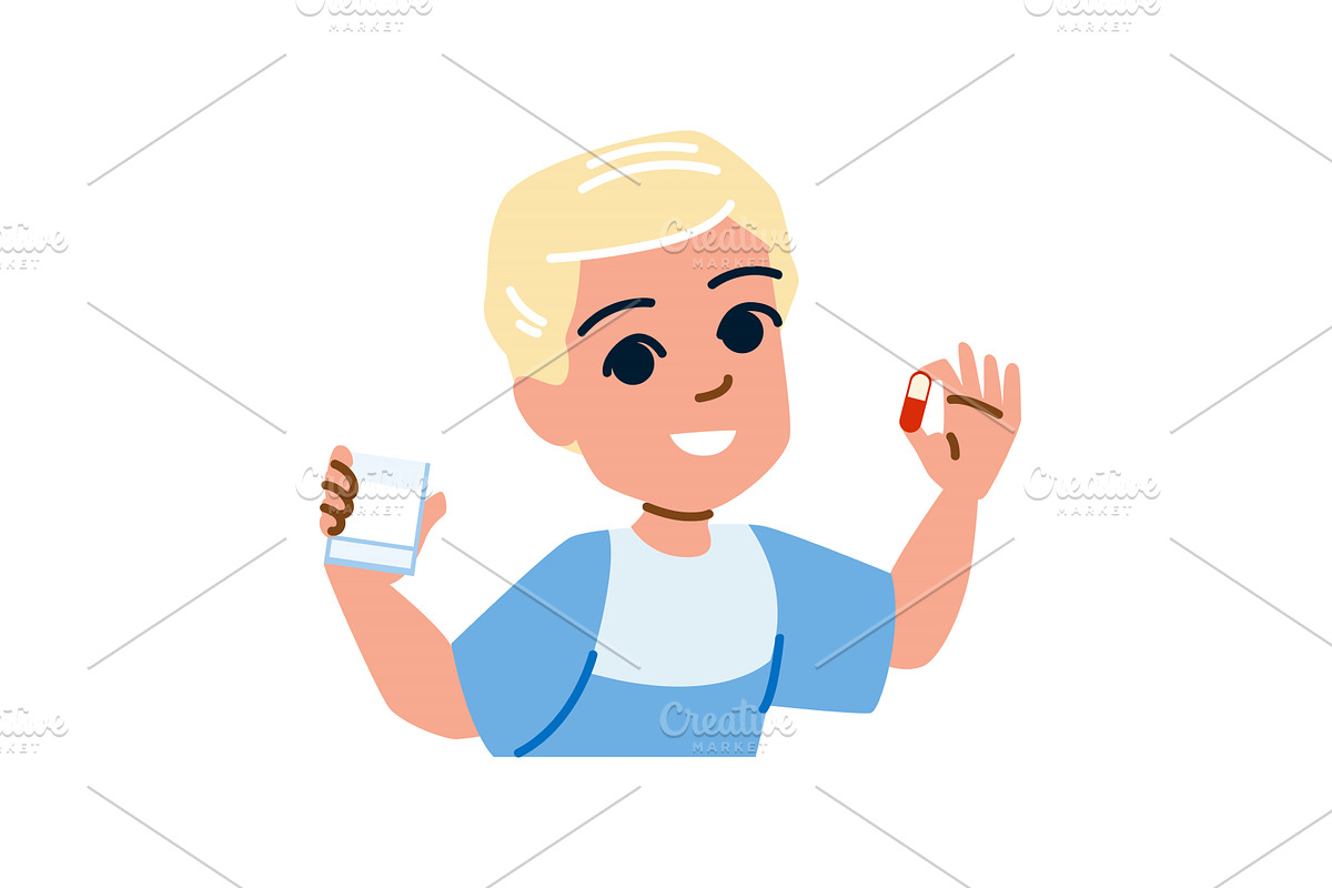 Blond boy taking medicine with water, an Object Illustration by pikepicture