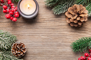 Christmas holidays border on rustic wood background, a Holiday Photo by Olena Rudo