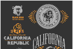 Set Of Stylish Retro Badges With Bears - California Republic.