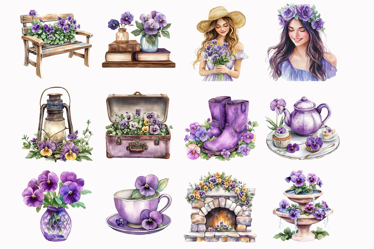 Watercolor Pansy Garden Clipart, an Illustration by Design Market (Photo 2 of 4)