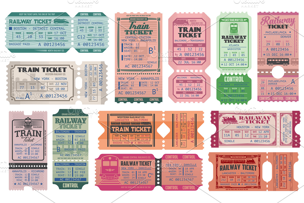 Railway, train retro tickets, admits, a Transportation Illustration by Vector Tradition