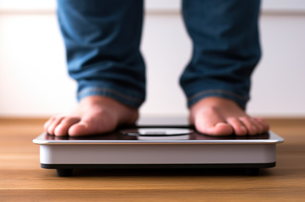 Male legs standing on digital weight. Generative AI, a Sports & Recreation Photo by AlyaAnd