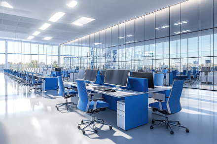 Modern office workspace blue chairs, a Background Photo by Pixeness