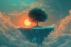 Surreal Floating Island with Tree Above the Clouds, an Abstract Photo by Natalia Klenova's Shop