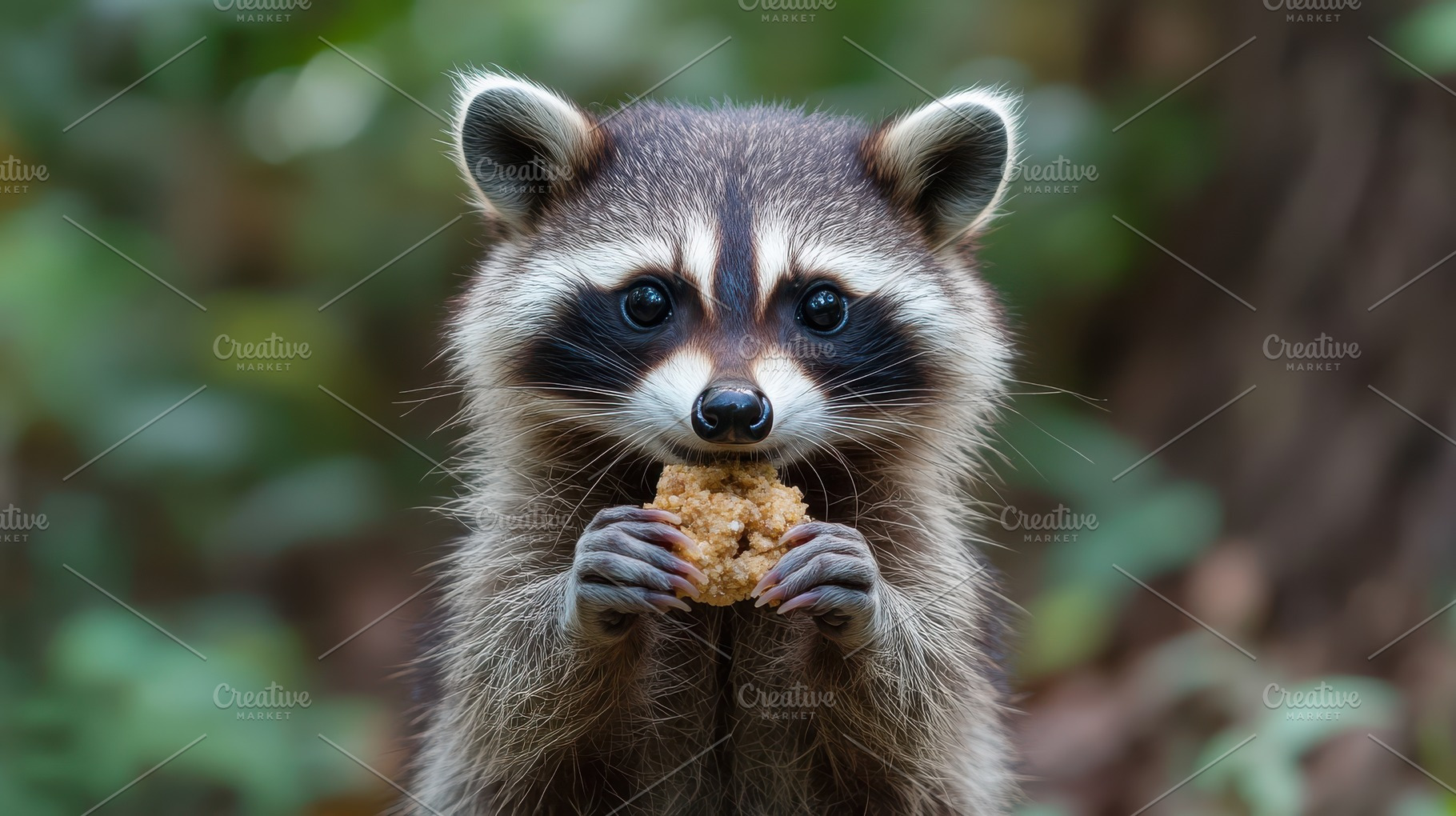 Raccoon enjoying a snack in the wood, an Animal Photo by Pixeness Studio