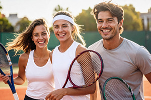 Smiling Friends Holding Tennis Rackets on Court, a Sports & Recreation Photo by Davizro's Market