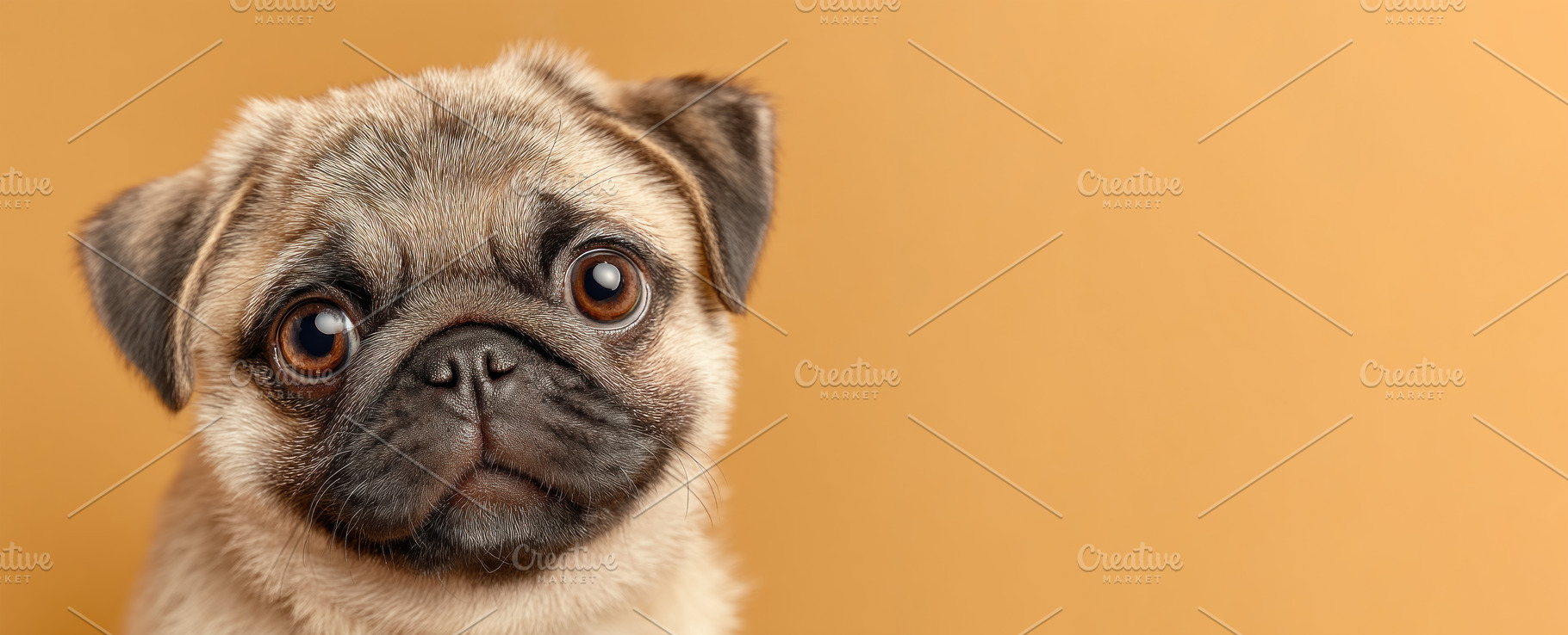 Cute pug dog portrait with big expressive eyes isolated on warm, an Animal Photo by José Manuel Gelpi