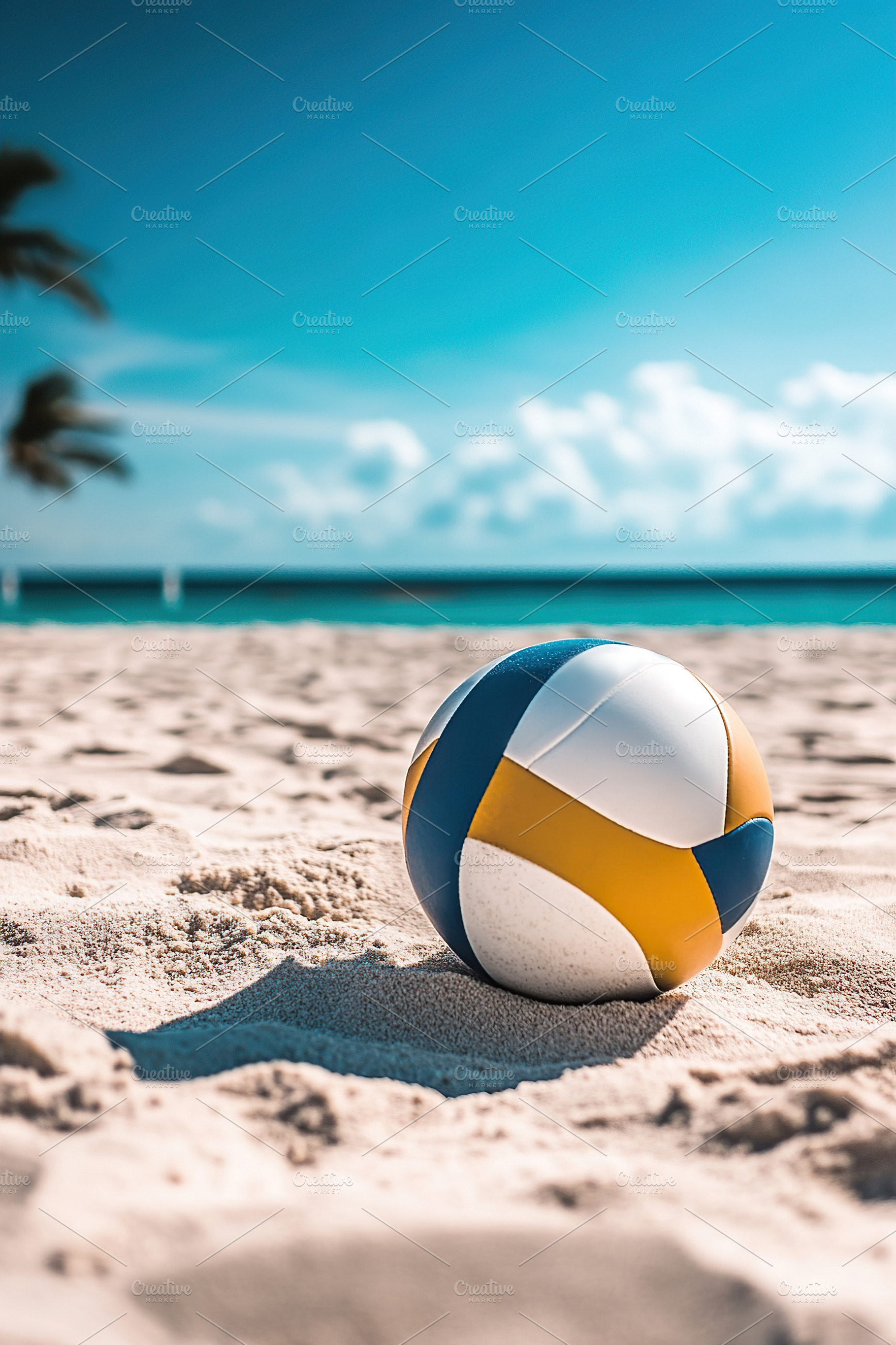 A bright volleyball sits on the soft, golden sand at a beach wit, a Sports & Recreation Photo by AlyaAnd