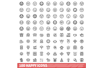 100 happy icons set, outline style, a Person Illustration by Ylivdesign