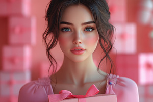 Young woman holding a pink gift box, a Photo by Tanuart